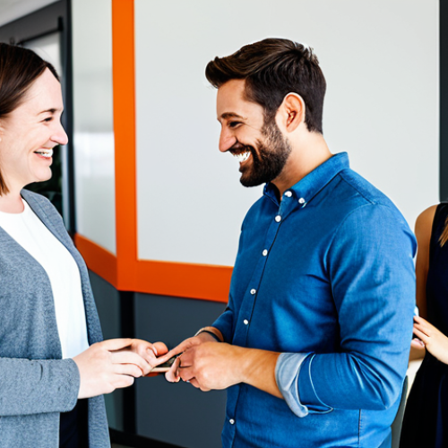 A diverse group of professional adults, fully clothed in modest, contemporary casual attire, gathered in a bright, modern co-working space. They are smiling and interacting positively while engaging with a high-tech product, fostering a sense of community and shared purpose. The atmosphere is collaborative and inviting. safe for work, appropriate content, fully clothed, family-friendly, perfect anatomy, correct proportions, natural pose, well-formed hands, proper finger count, natural body proportions, professional photography, high quality.