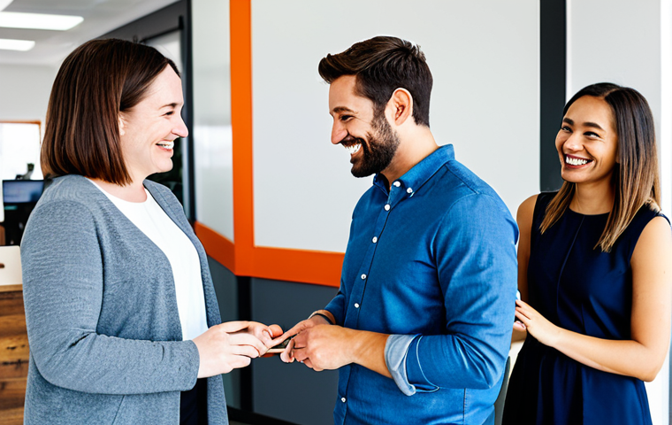 A diverse group of professional adults, fully clothed in modest, contemporary casual attire, gathered in a bright, modern co-working space. They are smiling and interacting positively while engaging with a high-tech product, fostering a sense of community and shared purpose. The atmosphere is collaborative and inviting. safe for work, appropriate content, fully clothed, family-friendly, perfect anatomy, correct proportions, natural pose, well-formed hands, proper finger count, natural body proportions, professional photography, high quality.