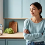 소비자 행동의 감정적 요인 - **Prompt:** A young woman, in her late 20s, with a thoughtful expression, stands in a brightly lit, ...