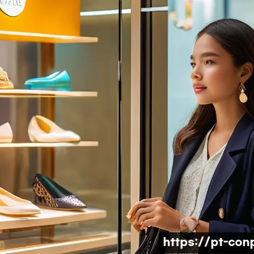 감정적 구매 결정 과정 - **Prompt:** A young woman, casually chic in stylish but modest everyday clothing, stands captivated ...