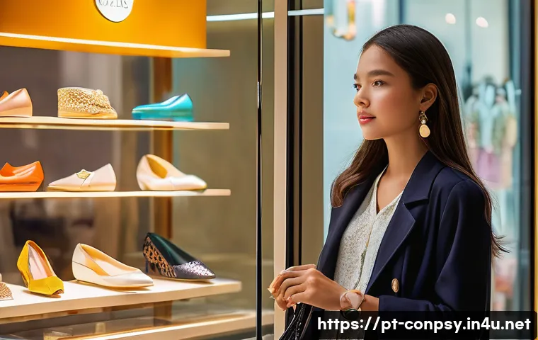 감정적 구매 결정 과정 - **Prompt:** A young woman, casually chic in stylish but modest everyday clothing, stands captivated ...