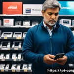 Home 21 소비자 불안과 소비 행동 - A thoughtful Brazilian middle-aged consumer in a modern electronics store, hesitating while holding ...
