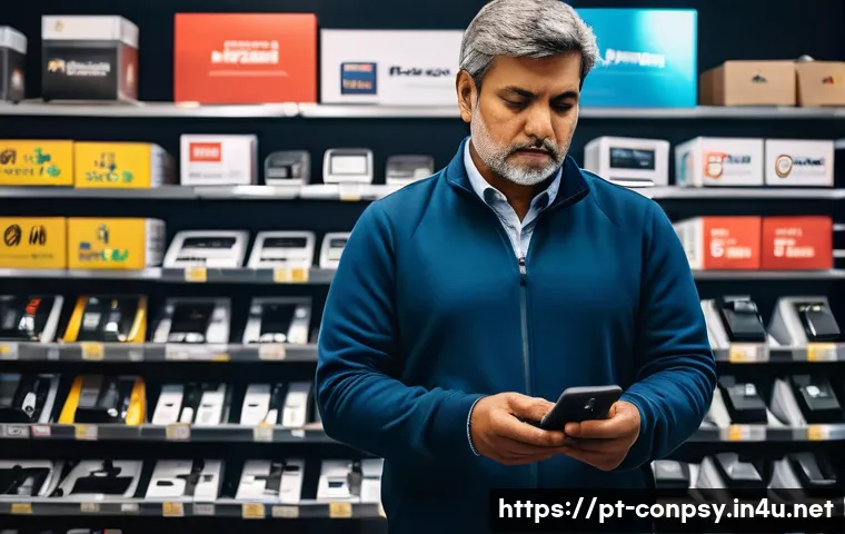 소비자 불안과 소비 행동 - A thoughtful Brazilian middle-aged consumer in a modern electronics store, hesitating while holding ...