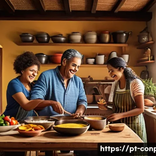 Home 30 감정적 공감 마케팅 전략 - A warm, inviting scene of a diverse Brazilian family cooking together in a cozy kitchen, sharing lau...