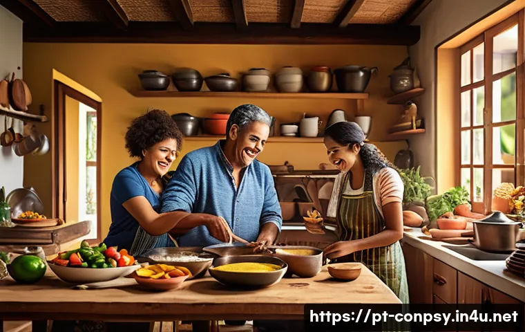 감정적 공감 마케팅 전략 - A warm, inviting scene of a diverse Brazilian family cooking together in a cozy kitchen, sharing lau...