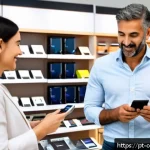 Home 23 감정적 반응과 가격 책정의 관계 - A cozy boutique electronics store scene in São Paulo, Brazil, showing a middle-aged Brazilian custom...