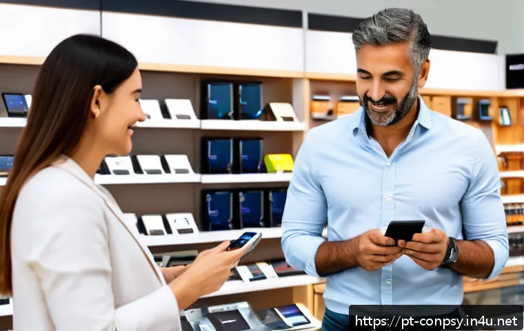 감정적 반응과 가격 책정의 관계 - A cozy boutique electronics store scene in São Paulo, Brazil, showing a middle-aged Brazilian custom...