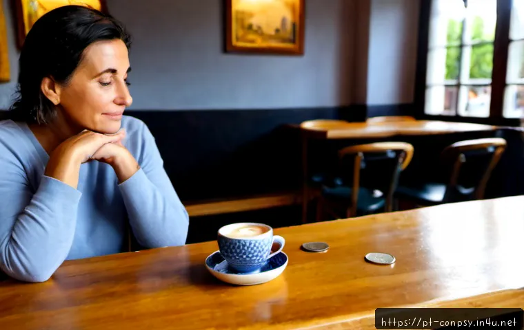 소비자의 감정과 가치 인식 - Photorealistic lifestyle scene in a warm Portuguese café, a thoughtful middle-aged woman comparing t...