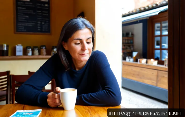소비자 심리학과 감정의 관계 - Photorealistic consumer psychology scene in a bright Portuguese neighborhood café, a middle-aged wom...